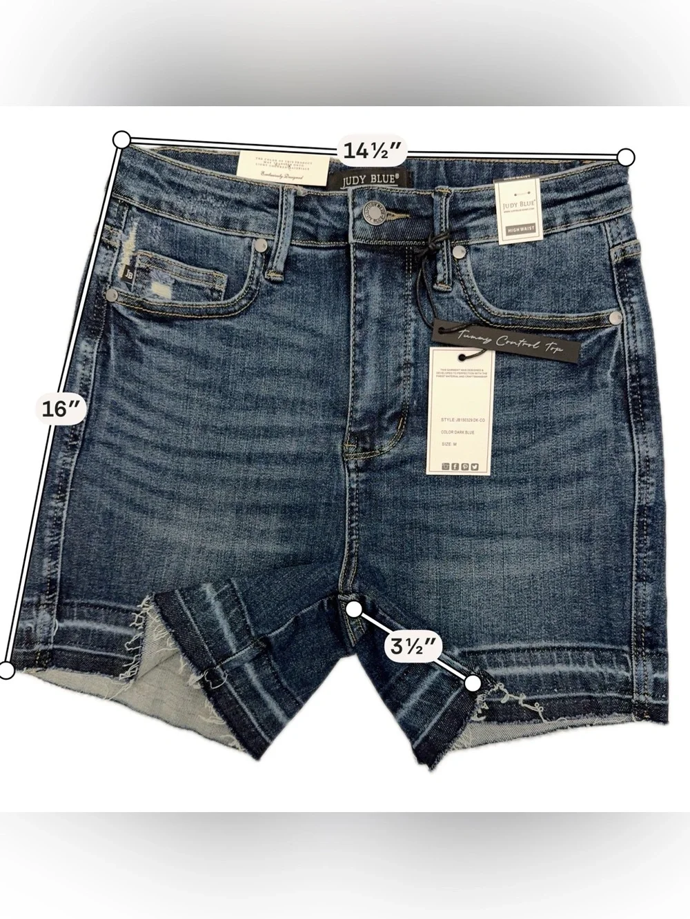 Judy Blue Tummy Control High Waist Dark Wash Raw Hem Denim Shorts Size M NWT